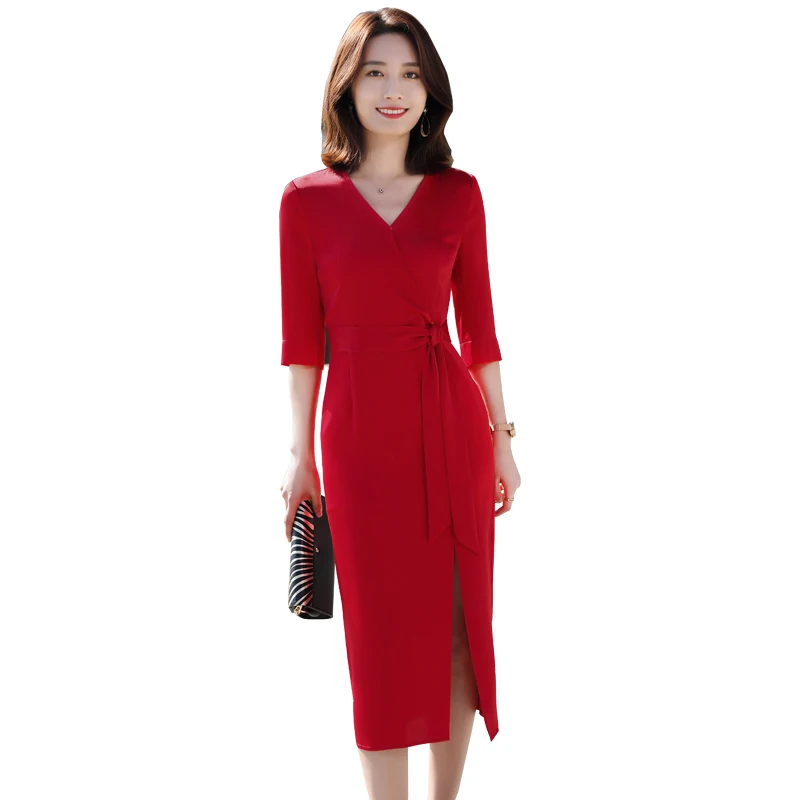 Elegant Women Dress Fashion Soft High Waist Plain Asymmetric Midi Dress OL Casual Half Sleeve Party vestidos Dress