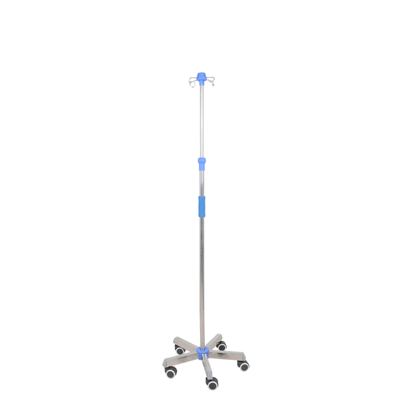 Medical Stainless Steel Height Adjustable IV Pole 5 Leg 4 Hook  Mobile Infusion Drip Stand