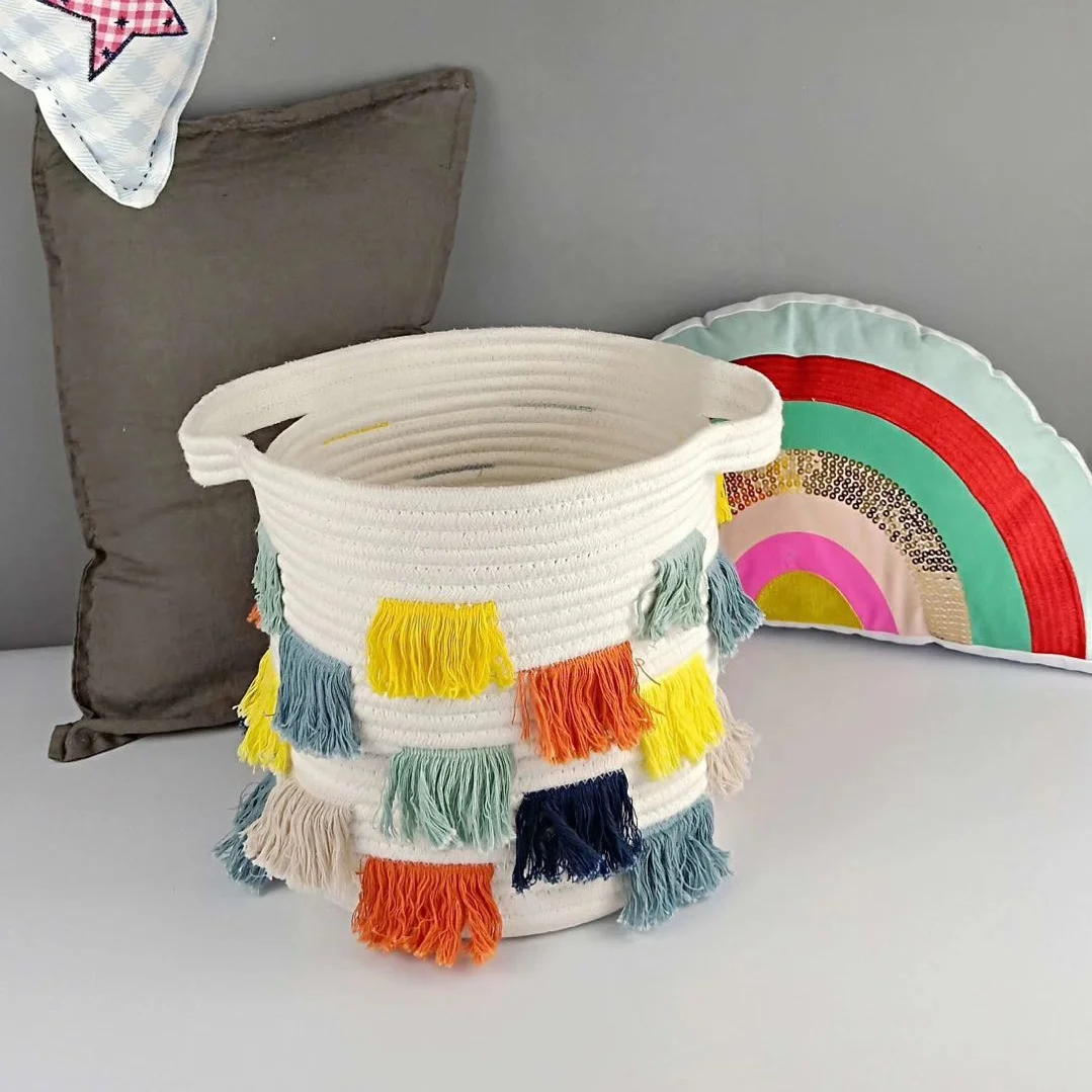 Portable 3 color rope tassel laundry baby change basket with handles 100% natural cotton rope baby toy basket