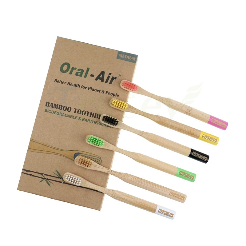 Single Piece Individual Custom Printing Kraft Box Colorful Handle End Painted Round Bamboo Toothbrush
