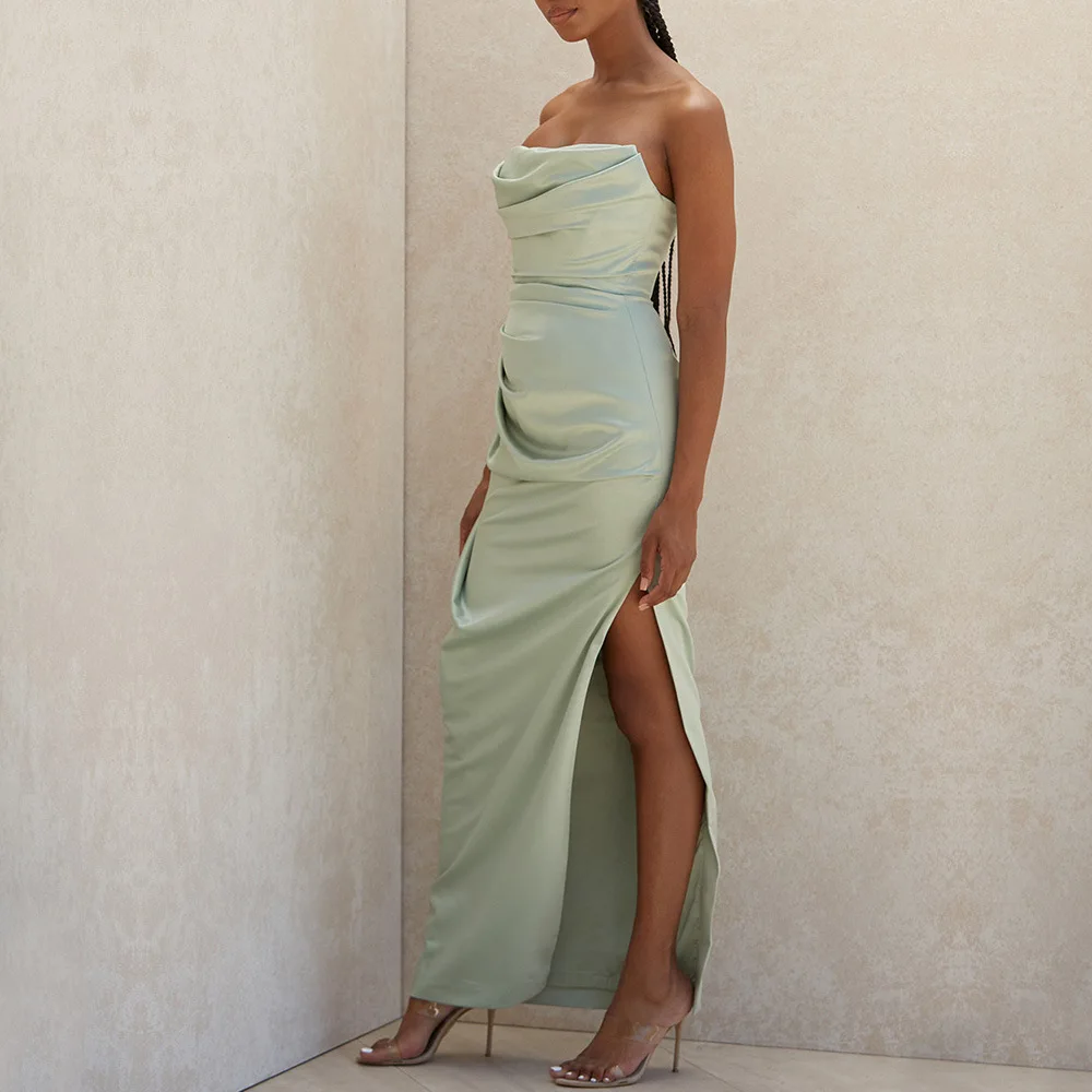Sexy Satin Off The Shoulder Backless Slit Long Maxi Party Dress For Women