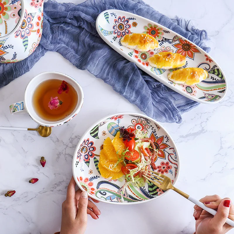 Ceramic Salad Plates with Handle Colorful Floral Pattern Serving Porcelain Dinner Plates for Desserts Sandwiches Dishes