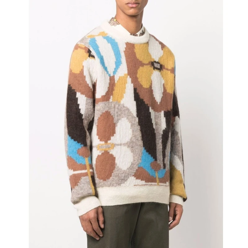 Custom sweater Floral jacquard knitted jumper High-quality fashion crew neck mohair sweater men
