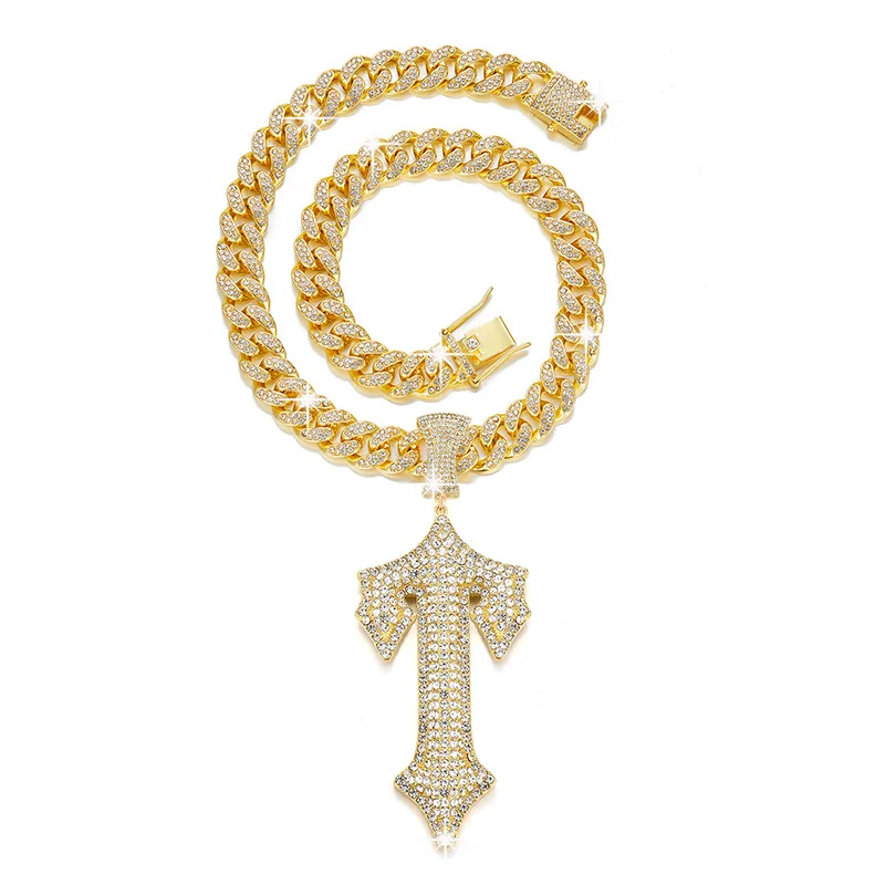 NEW Top Quality Iced Out Bling Hiphop Jewelry Big Size 18k Gold Plating Necklace Sword Letter Pendant Necklace