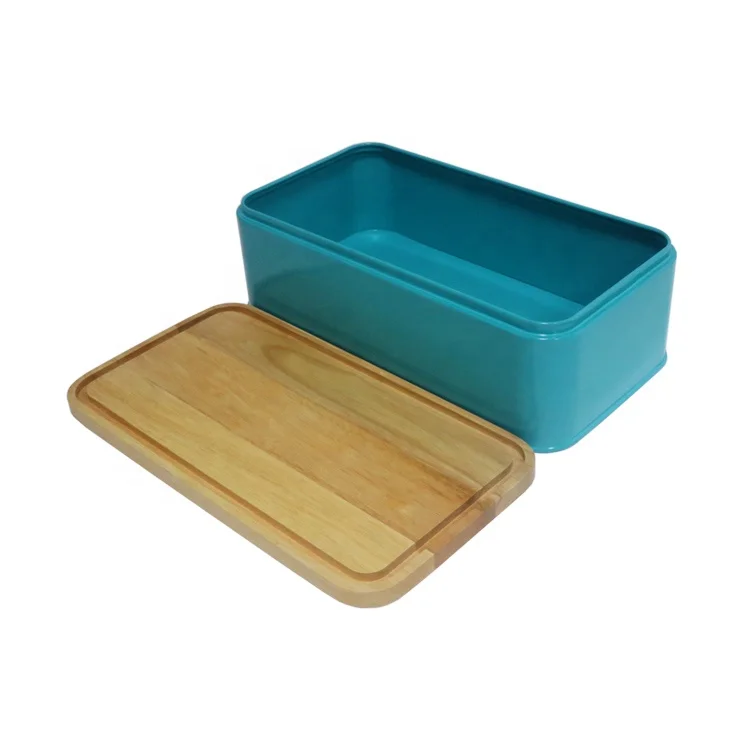 Vintage Design Rectangular Color Coated Steel Bread Storage Box with Bamboo/ Wood Lid Metal Bin