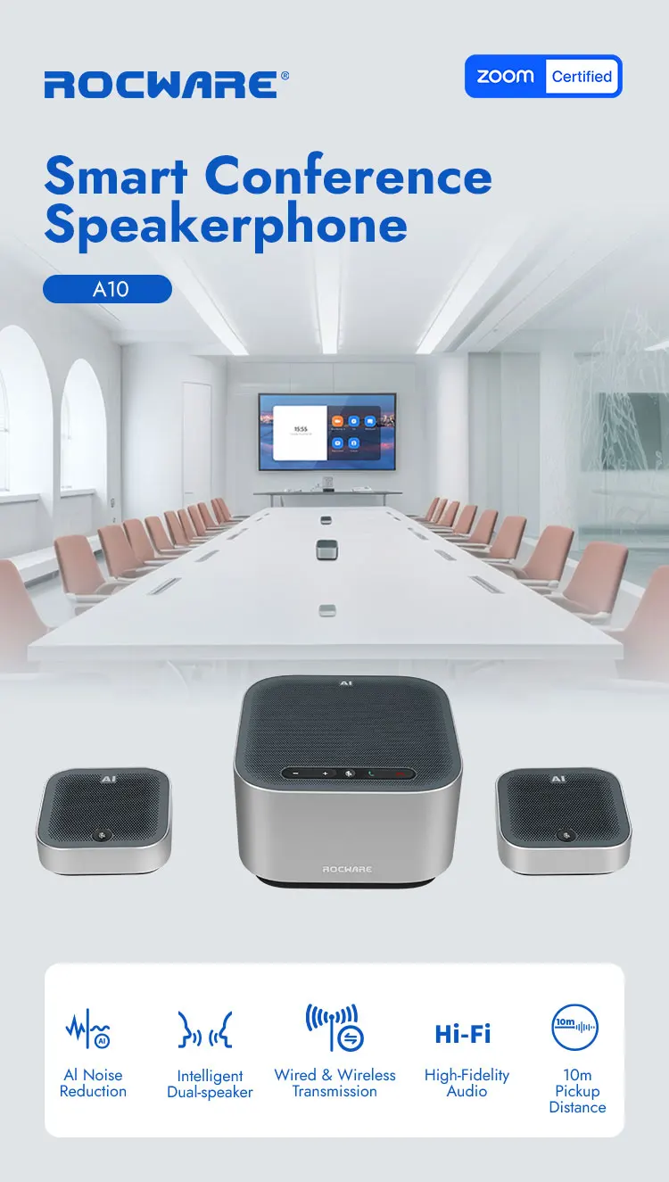 Rocware Zoom certified 10 meter voice pickup usb wired conference speakerphone with 6 mics for audio video conference system