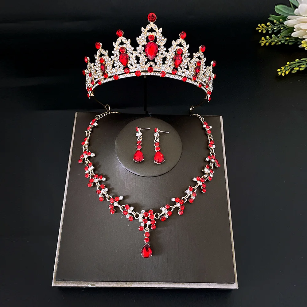 Bride Colorful Crystal Wedding Tiara Three-piece Bridal Necklaces Earrings Rhinestone Jewelry Sets