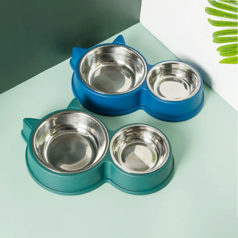Four color wholesale cat ear design cats and dogs household double bowl pp kitten pet food drinking stainless steel double bowl