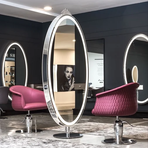 European style luxury LED big round salon styling mirror station