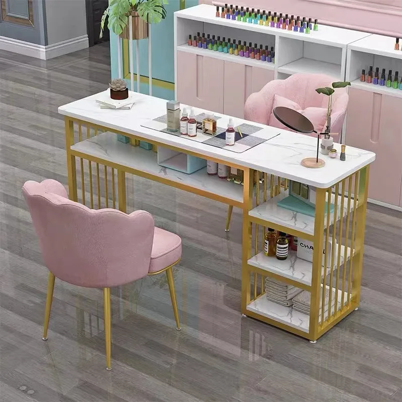 Hot Selling Beauty Salon Furniture Marble Metal Frame  Nail Station Manicure Nail Table With Chairs