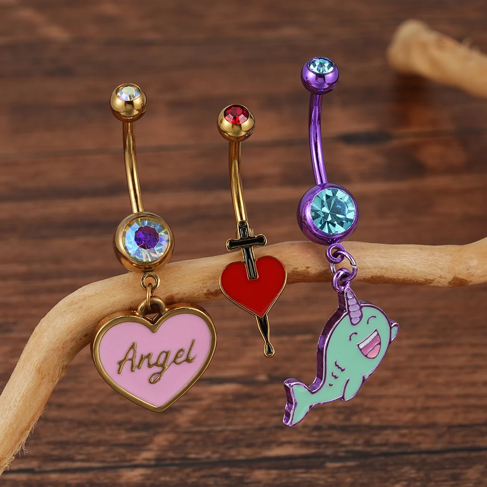 Hot 316 Stainless Steel Oil Drops Anime Belly Button Rings Girls Body Piercing Jewelry Dangle Belly Rings