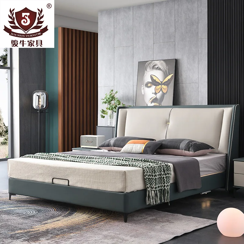 Simple bedroom furniture leather Upholstered solid wood king bed home hotel bed bedroom bed