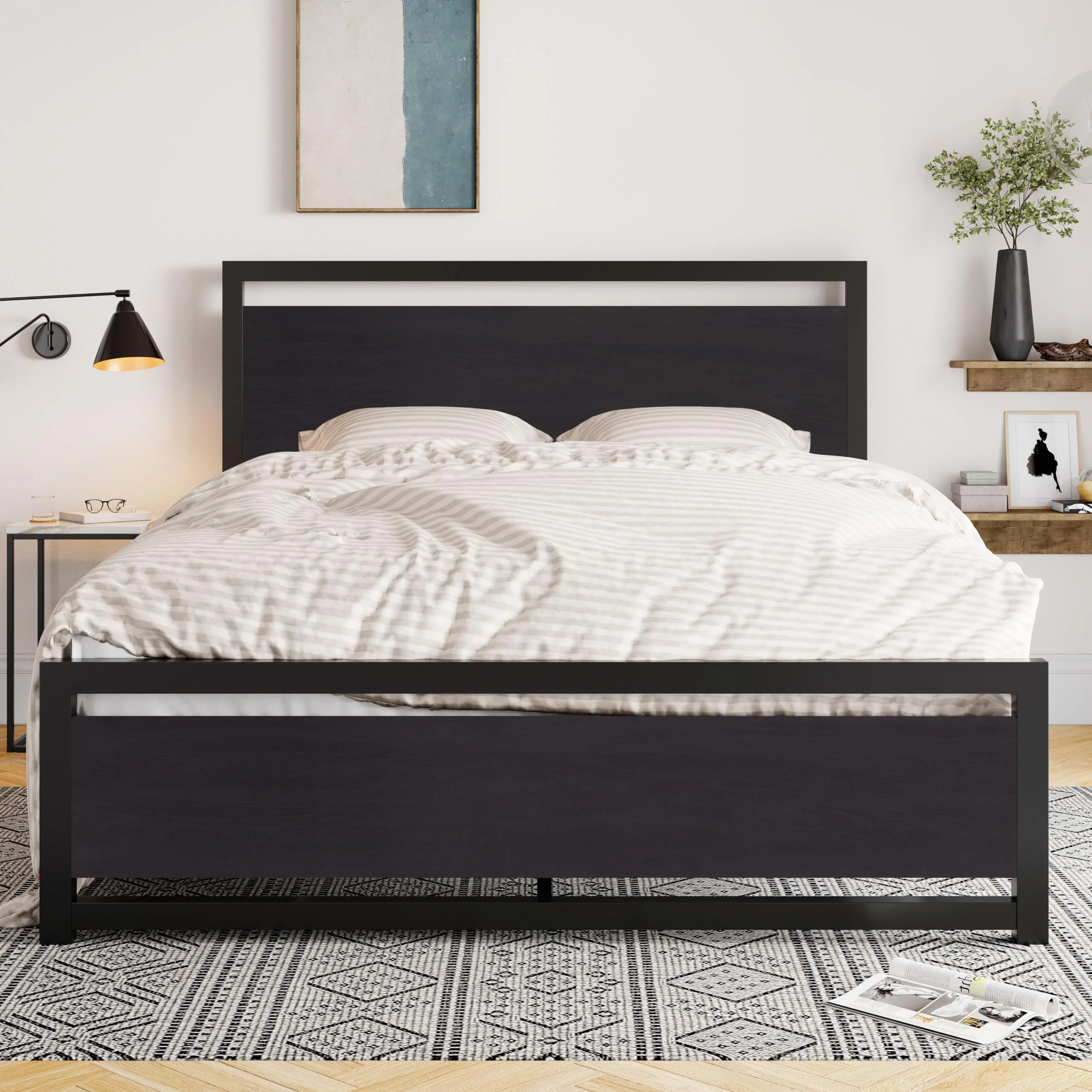 Industrial Brown Black Headboard Footboard Metal Frame Latest Double Bed Designs with Under-Bed Storage
