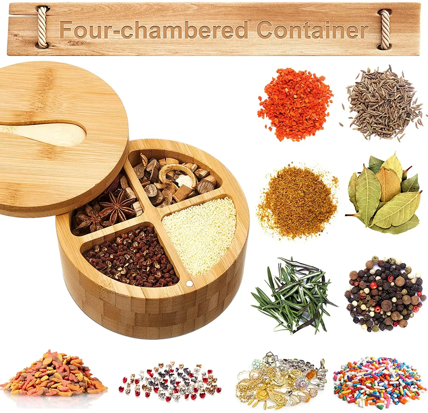 Bamboo Salt Box with Spoon Spice and Seasonings Storage Container with Swivel Magnetic Lid Round Condiment Salt Jar