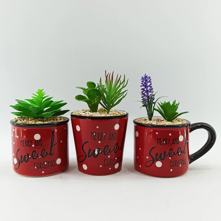 Christmas Custom Snowflake Small Red Mug Shaped Ceramic Succulent Planter Plant Cactus Flower Pots Pot Plant