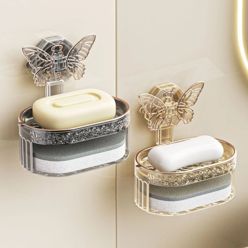 2 Layers Butterfly Suction Cup Soap Holder Bathroom Dish Free-Punching Wall Mounted Sponge Holder Organizer Accessories Kitchen