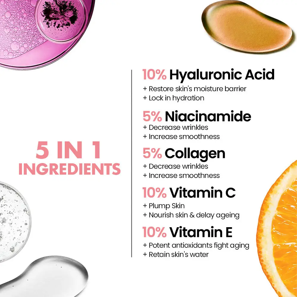 Wholesale Skin Care 5 In 1 30% Vitamin C Whitening Hyaluronic Acid Anti Aging Face Serum 5% Niacinamide Collagen Facial Serum