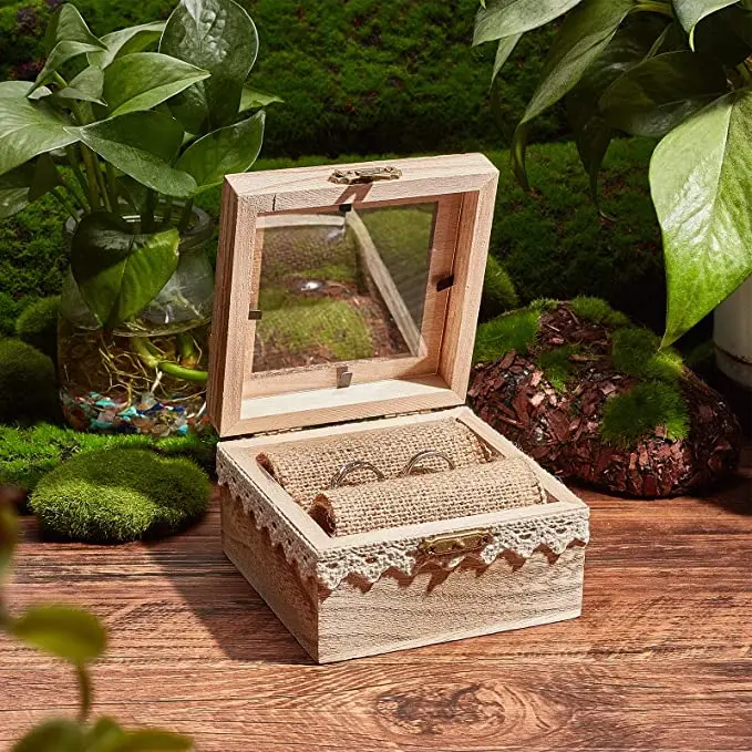 Wooden Wedding Ring Box Vintage Double Ring Display Organizer Rustic Style Jewelry Box