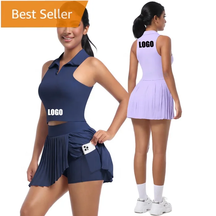 Women permanent pad cup Yoga sports Bra Tank Tops Workout tennis golf Exercise Wear Built in Shorts Pockets Pleated Skirt set