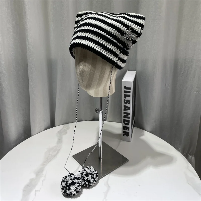 Korean Striped Knit Hat with Pom Warm Furry Ladies Winter hat Y2K Cute Cat Ear Beanie Hats