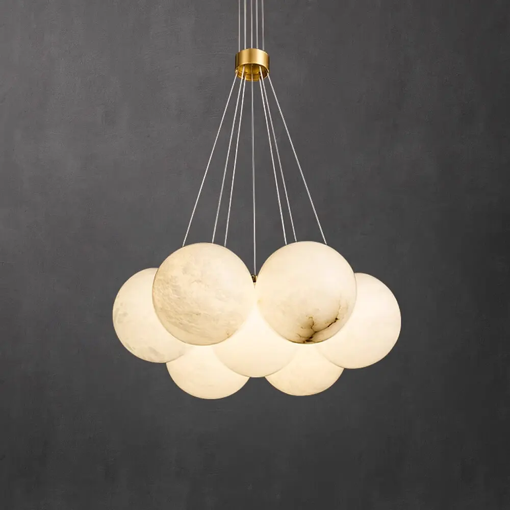 16 Inch Wide 5 Globes Mini Alabaster Ball Hanging Chandelier Nordic Dining Room Kitchen Brass Pendant Light