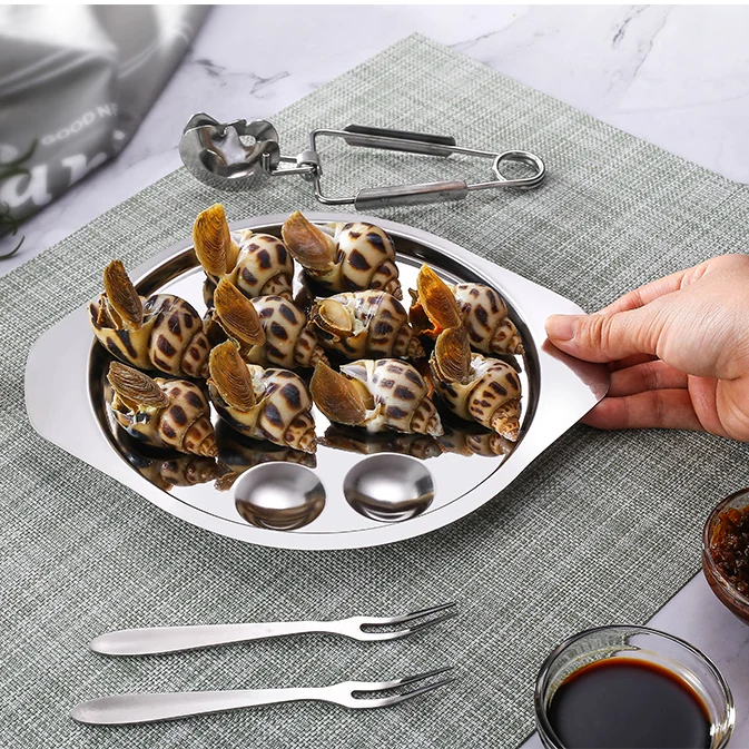 Stainless Steel Snail Plate Mushroom Dishes with Escargot Tongs and Forks Seafood Tools  French Snail Serving Tools Set