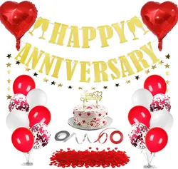 Happy Anniversary wedding balloon decoration set with banner cake topper foil heart shape red confetti balloons
