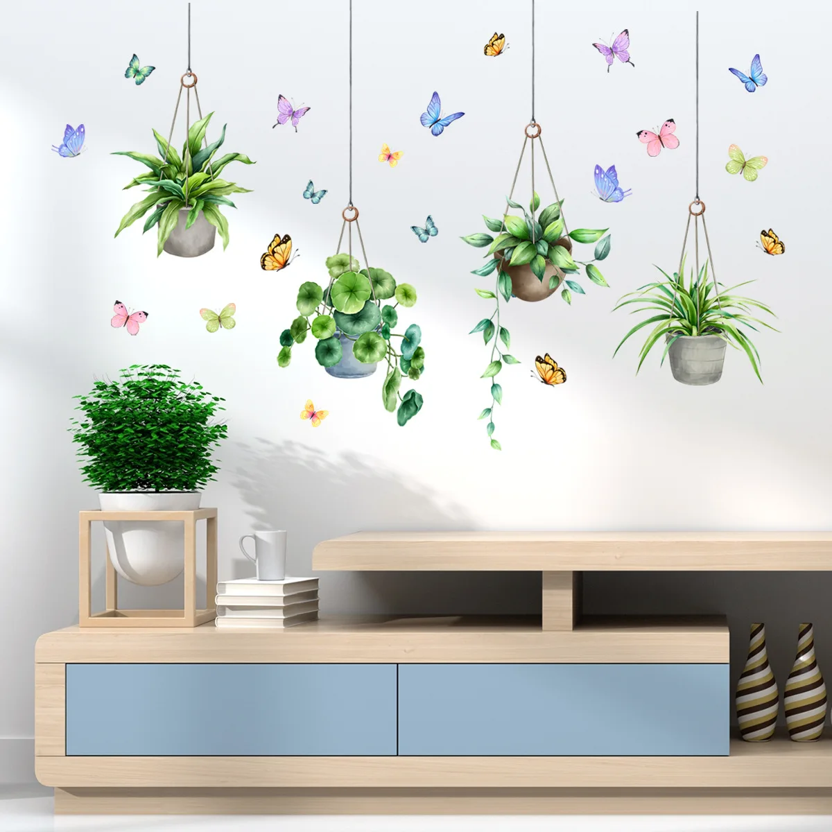 Potting of green plants Wall Sticker butterfly dancing gracefully Decals Living Room Decorative Wallpaper