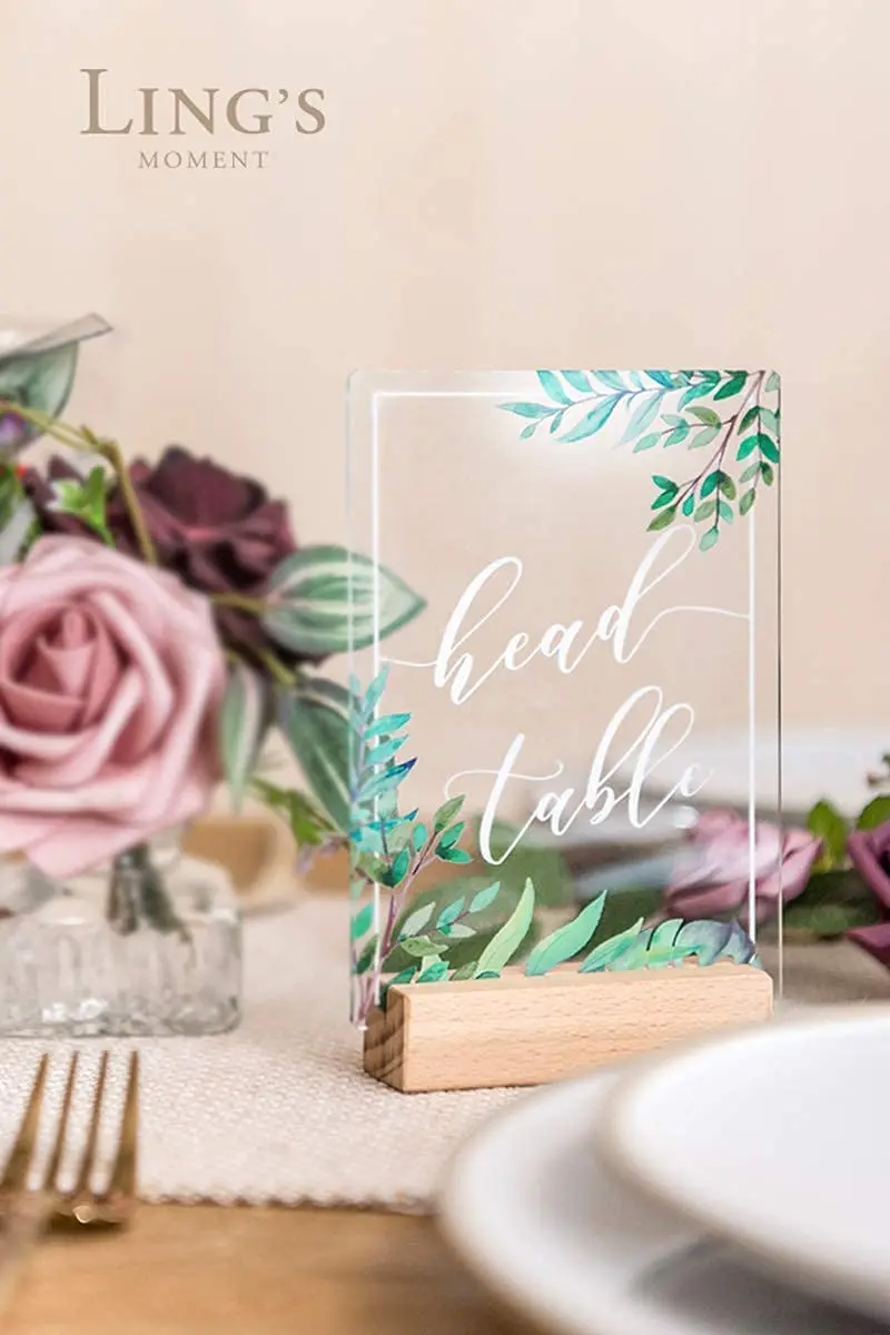 Acrylic Table Numbers For Wedding 1-20 With Natural Wood Stands Greenery Calligraphy
