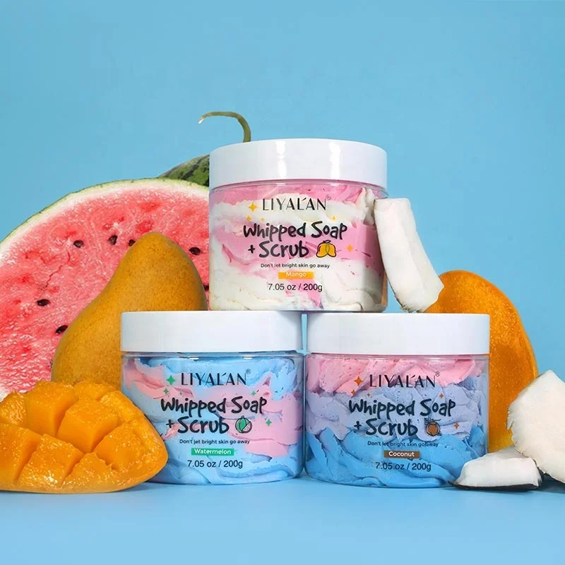 Private Label Natural Colorful Fruity Scent Scrub Shower Gel Moisturizing Sugar Whipped Bath Soap