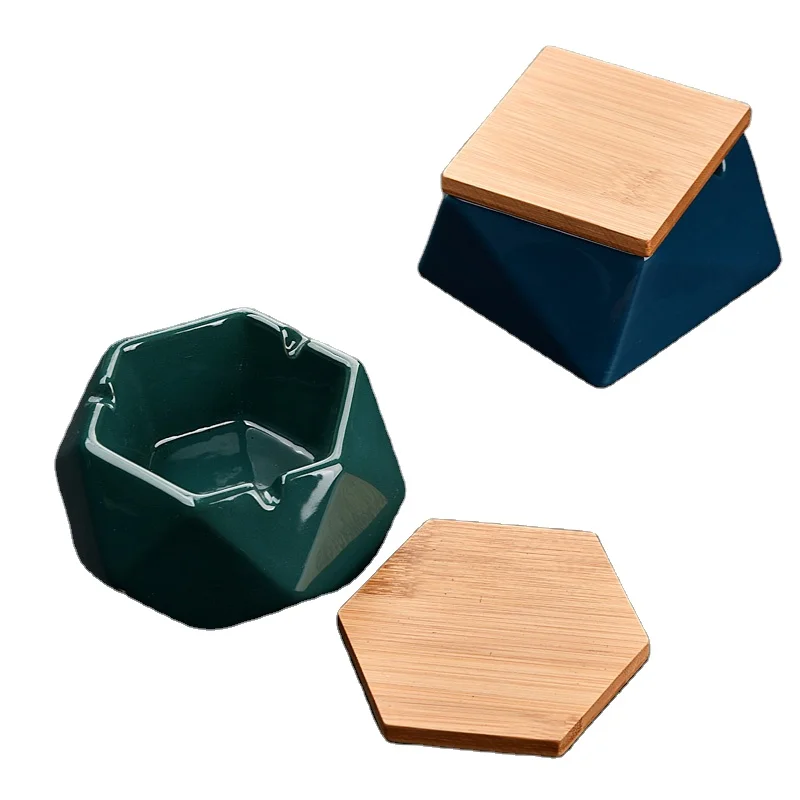 
Dustproof color ashtray geometric shape with bamboo cover fashion innovative personality cheap cigar ashtray 