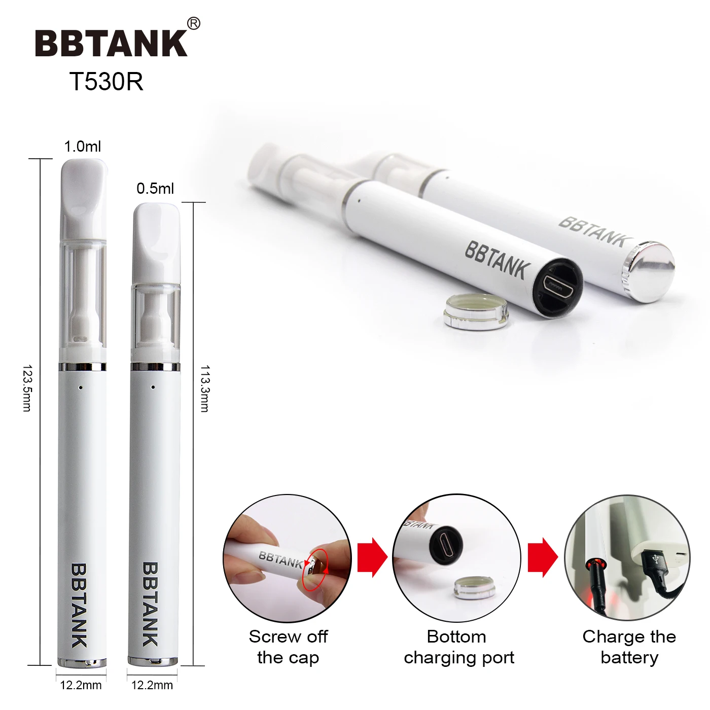 BBTANK T530  Custom White Portable CBD Oil Vaporizer Pen Full Ceramic 1ml CBD Vape Pen .5 ml Vape Cartridge