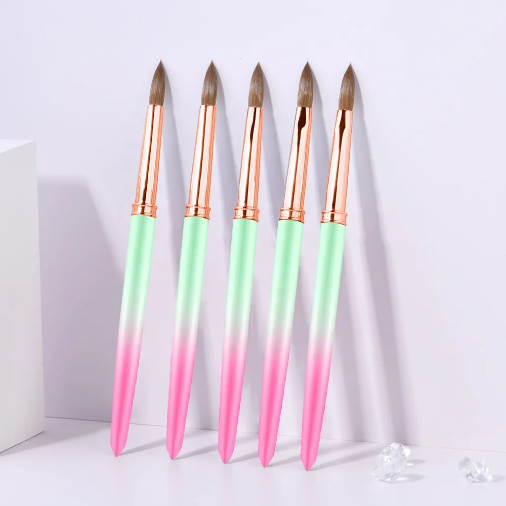 Hot Selling Superior Quality Germany Private Custom Label  Pink Green Gradient  Metal Kolinsky Nail Brushes Wholesale #8 to #18