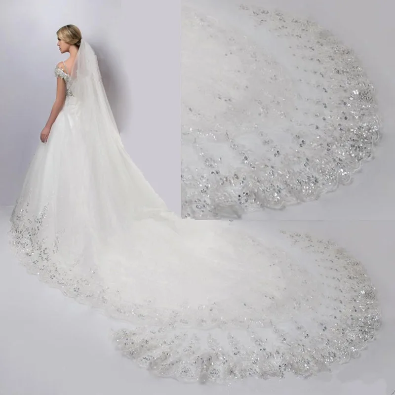 Hot Selling Wide Tail Wedding Dress Single Layer Sequin Lace Party Bridal Wedding Veil