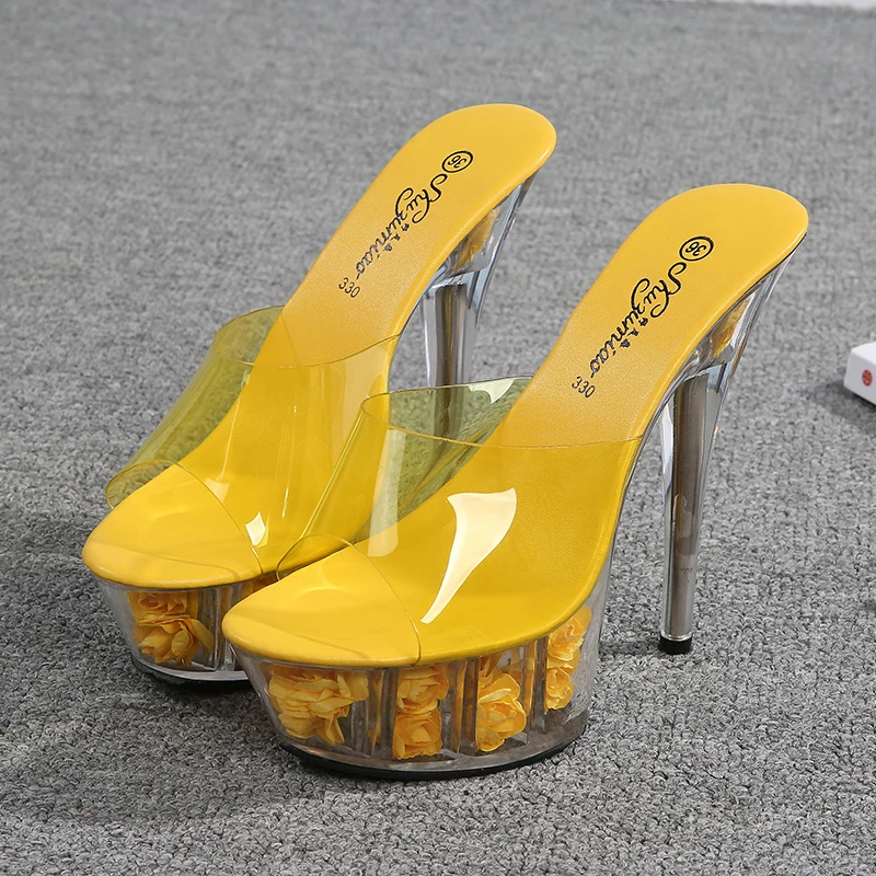 Stylish Women Heel Shoes 15 CM High Heels Flower Platform Slippers Thin Heel Sandals for Women and Ladies