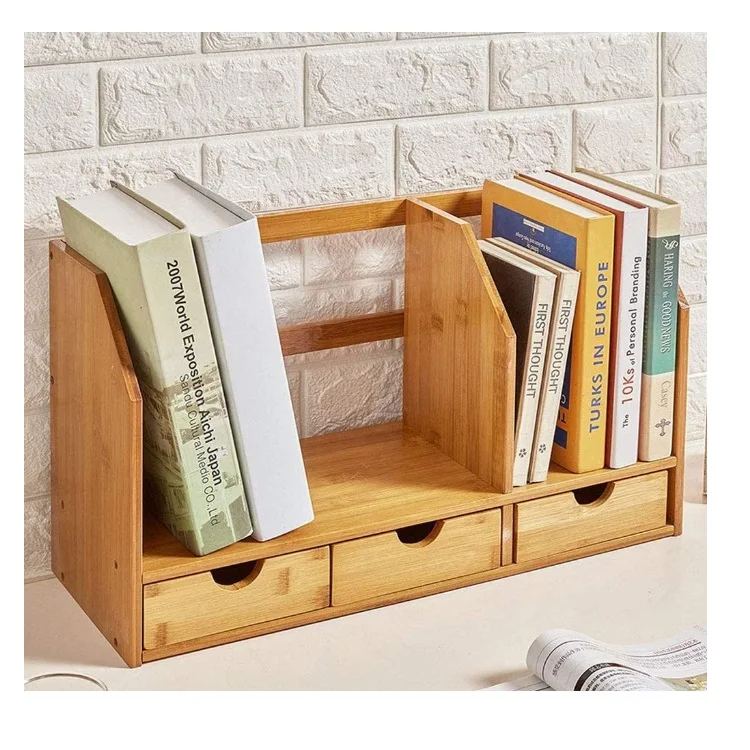 Desk Organizer with 3 Drawers Bamboo Wood Desktop Bookshelf Office Supplies Display Shelves