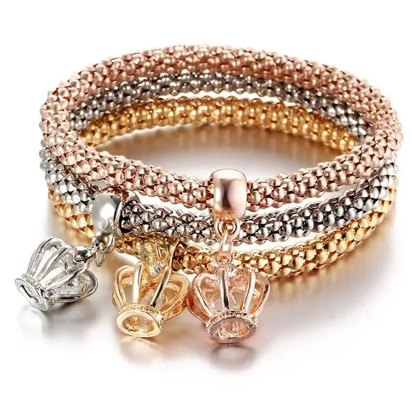 Fashion 3Pcs Elastic Cubic Zirconia CZ Crown Bracelets Creative Gold Tone Popcorn Corn Chain Valentine Bracelets for Women 2020