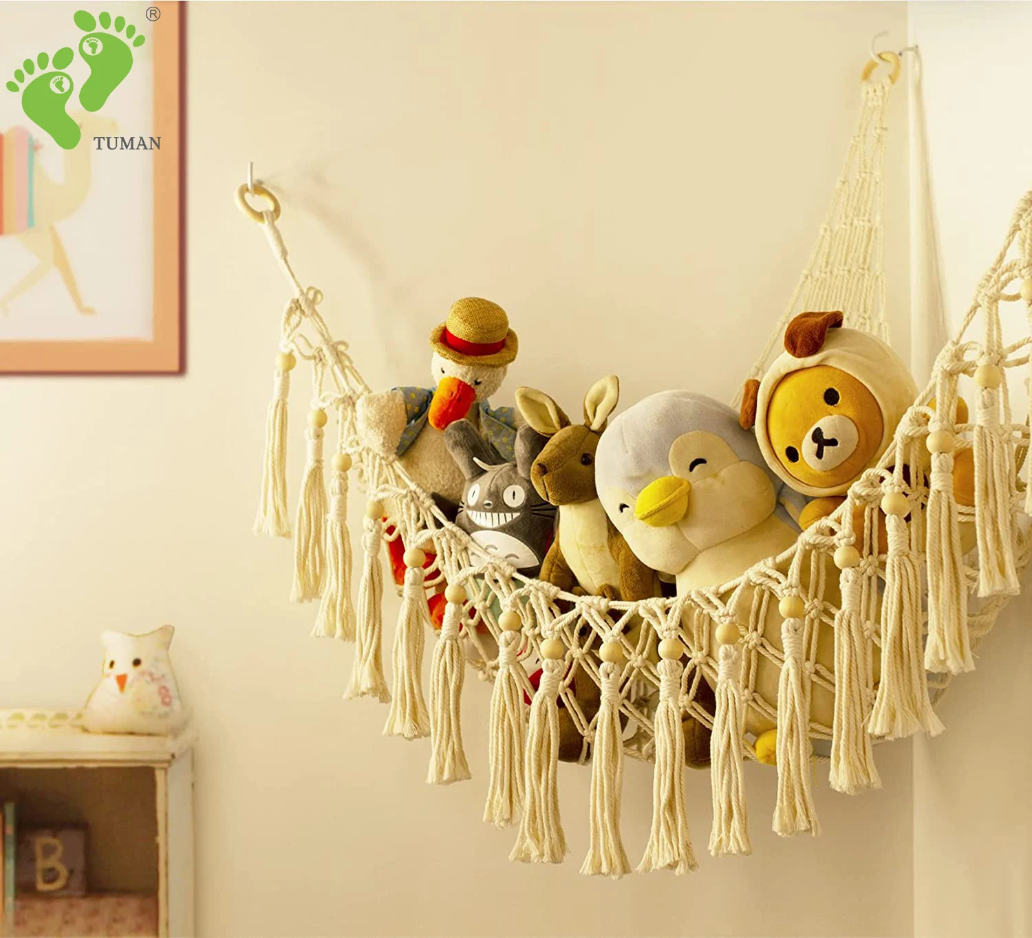 Longsen popular bedroom stuffed animal hammock net with macrame customized size cotton storage toy hammock