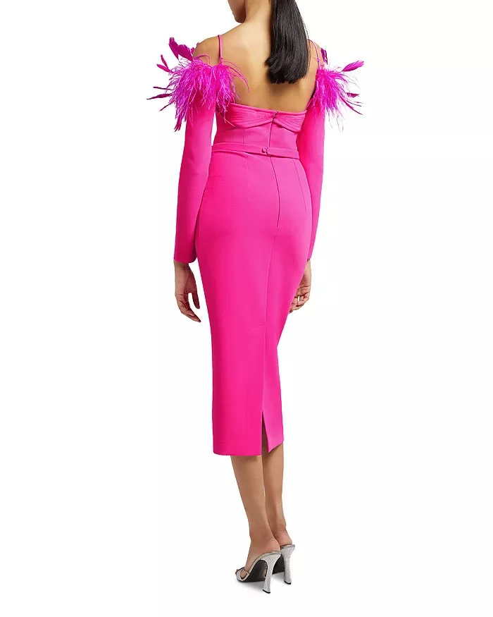 Liu Ming High End 2024 Women Elegant Sexy Feathers Long Sleeve Bodycon Clothes Club Party Evening Midi Dresses