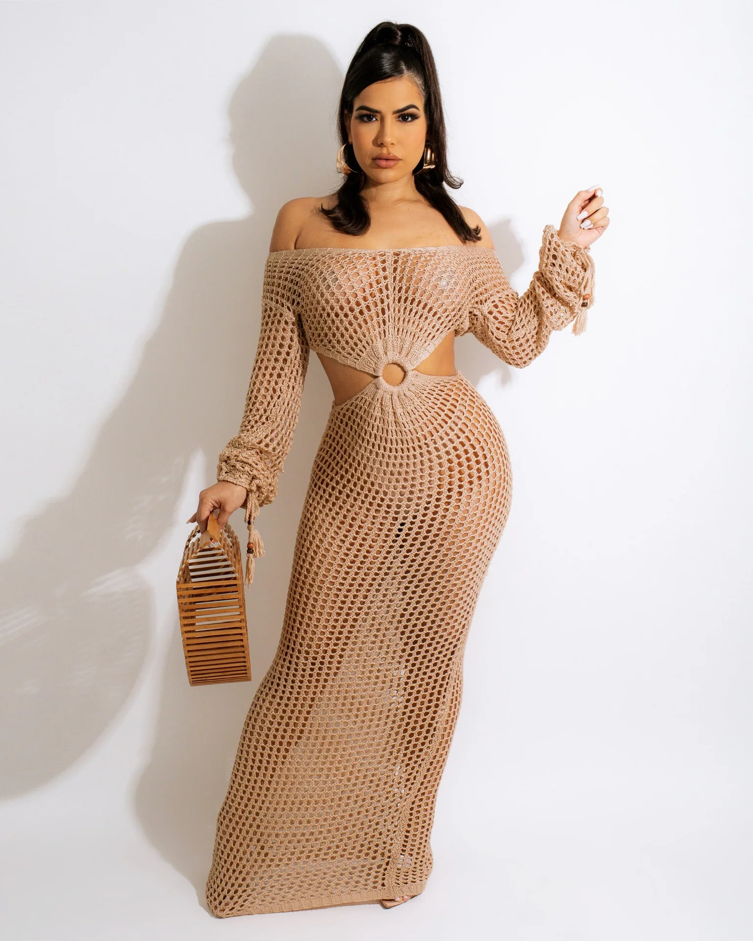 2023 New Long Sleeve Hollow Out Netting Party Dresses Women Solid Color Deep V Knitted Sexy Hot Women Dress