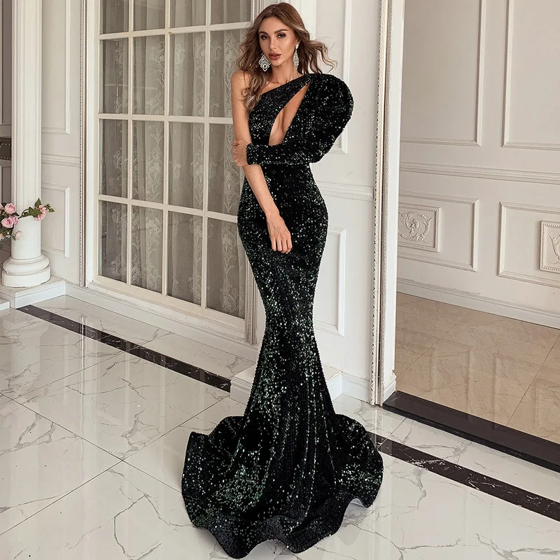 
DS1226 One Shoulder Irregular Hollow Out Women Sequins Long Sleeve Mermaid Gowns Vestido De Festa Prom Evening Dress 