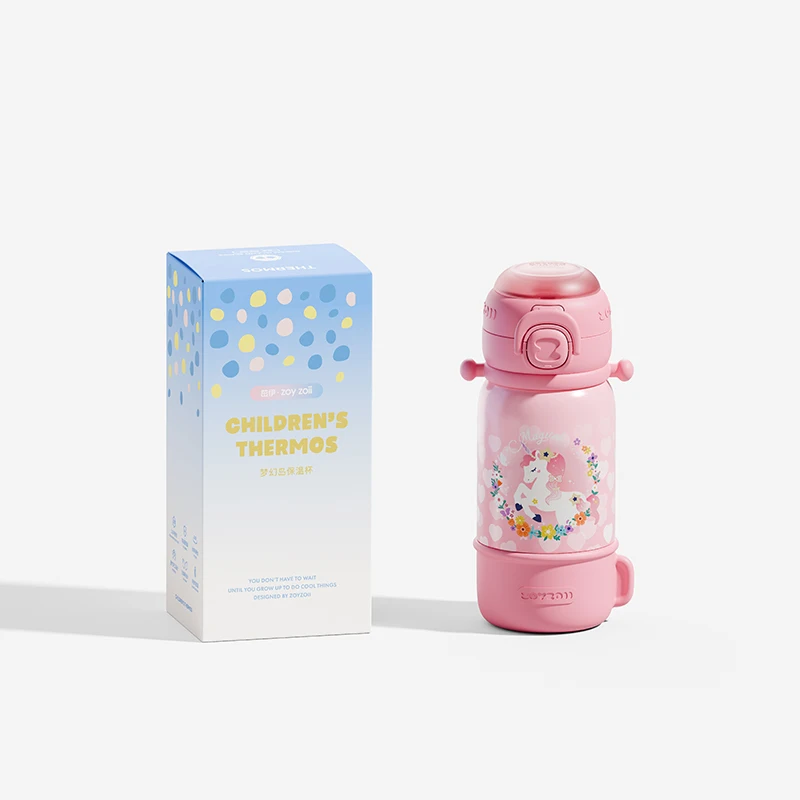 ZOYZOII Kids Cute Thermal Water Bottle Leak Proof 450 ml Stainless Steel Kids Drink Thermo Bottle For School