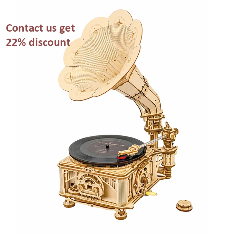 Robotime Rokr Contact Get 22% off DIY 3D Wooden Puzzles LKB01 Classic Hand Rotating Gramophone Wood Crafts