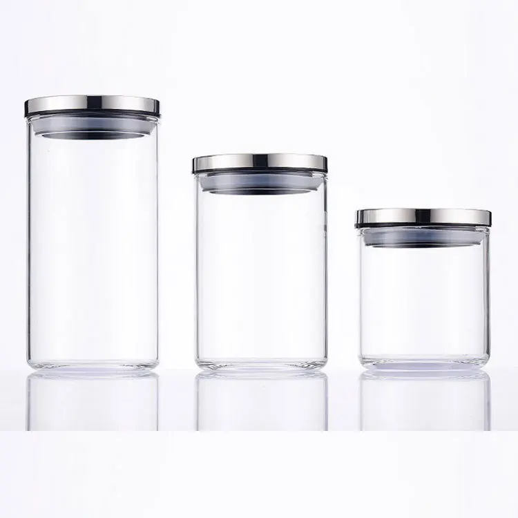 Wholesale  glass storage jar high borosilicate glass with metal lid for food storage