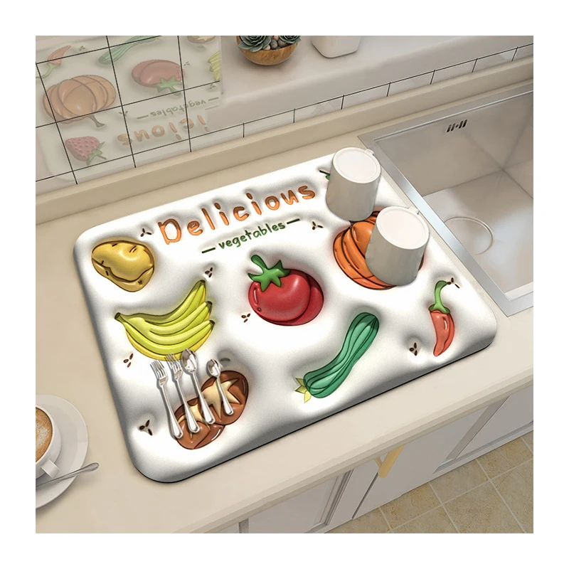 Wholesale 3D Cute Fruit Printed Heat Insulation Water Proof Foldable Diatomite Kitchen Sink Dish Drying Pad