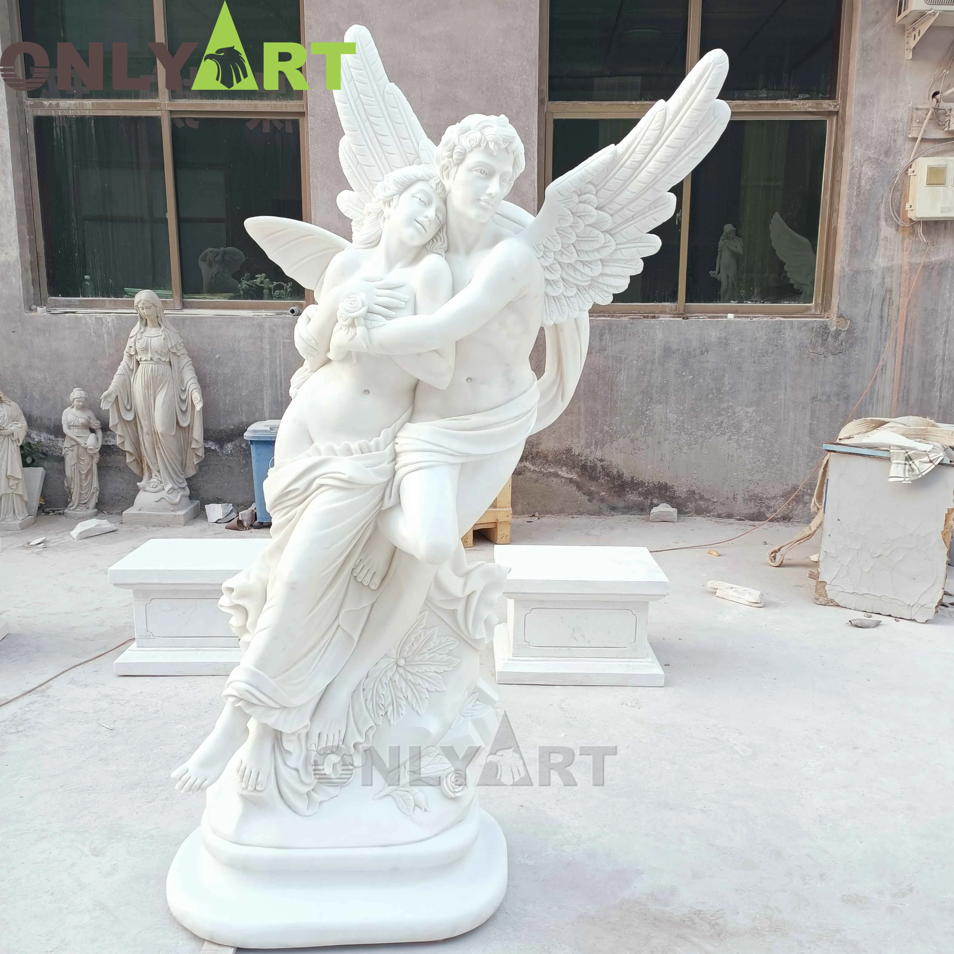 Outdoor Garden Hand Carved Natural Life Size Stone White Marble Male Angel Sculpture With Wings