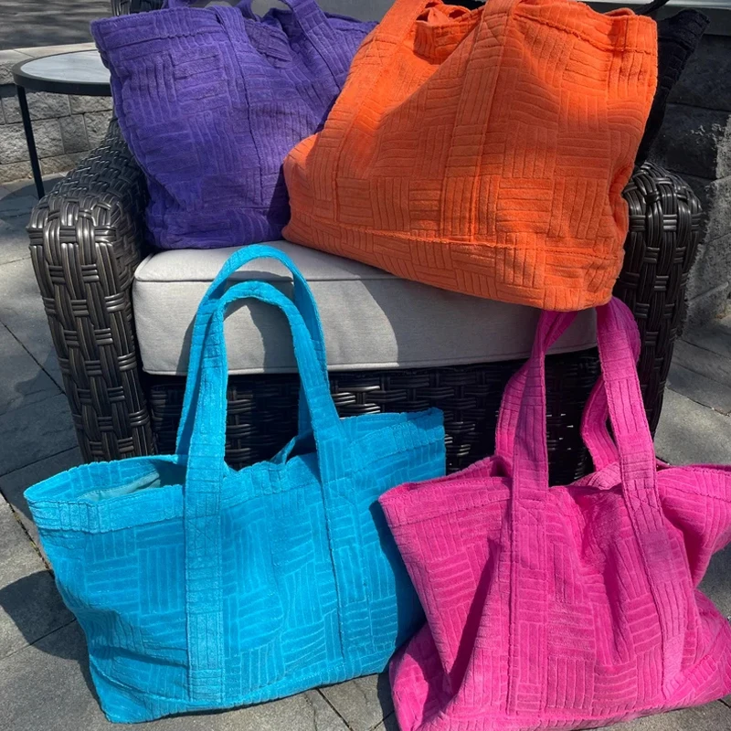 Personalized Monogram Travel Terry Bag Woman Tote Beach Custom Large Plaid Tote Bag