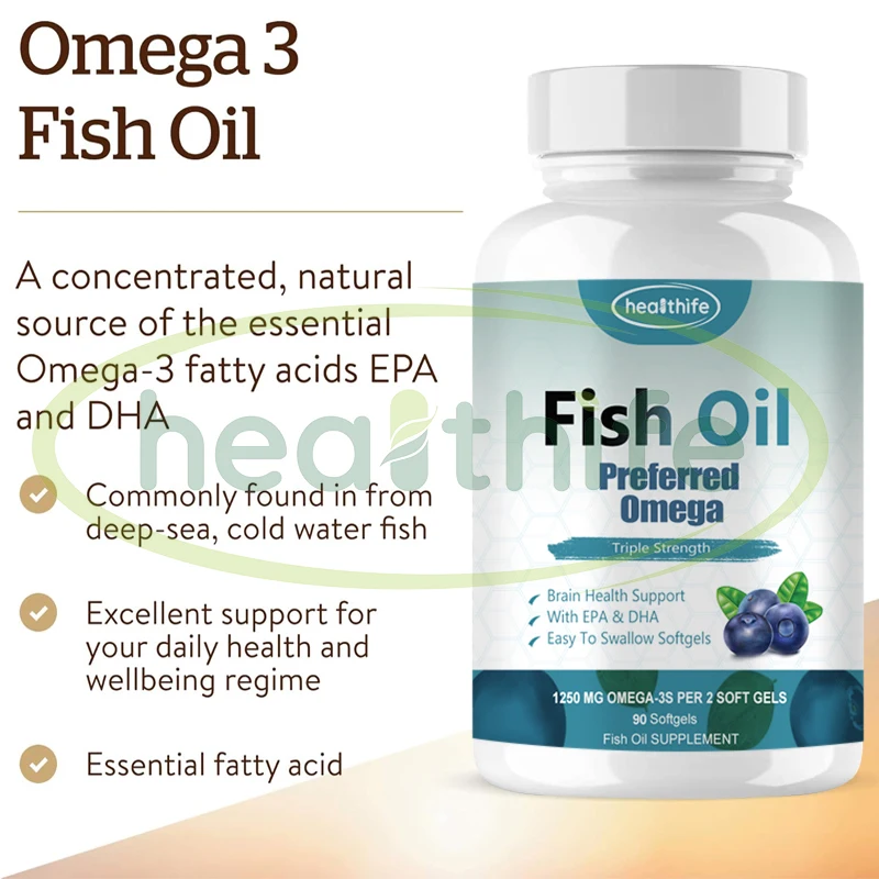 Healthife Omega 3 Fish Oil Supplement EPA DHA Fatty Acids Fish Oil Softgels 1250 mg 90 ct