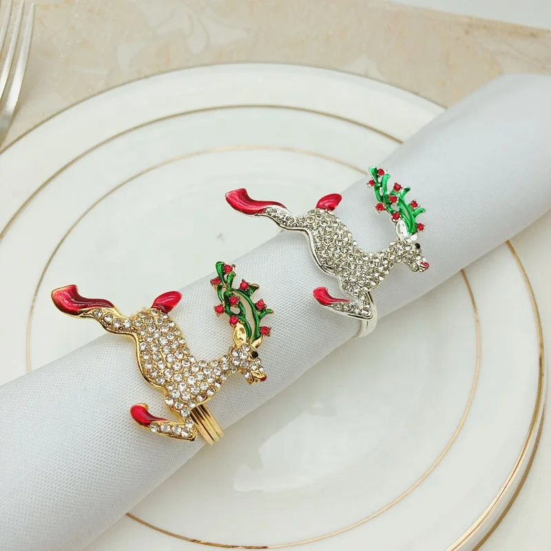 Christmas Napkin Ring Luxury Diamond Reindeer Napkin Ring Holder Silver Metal napkin rings for Christmas Dinner Table Decoration