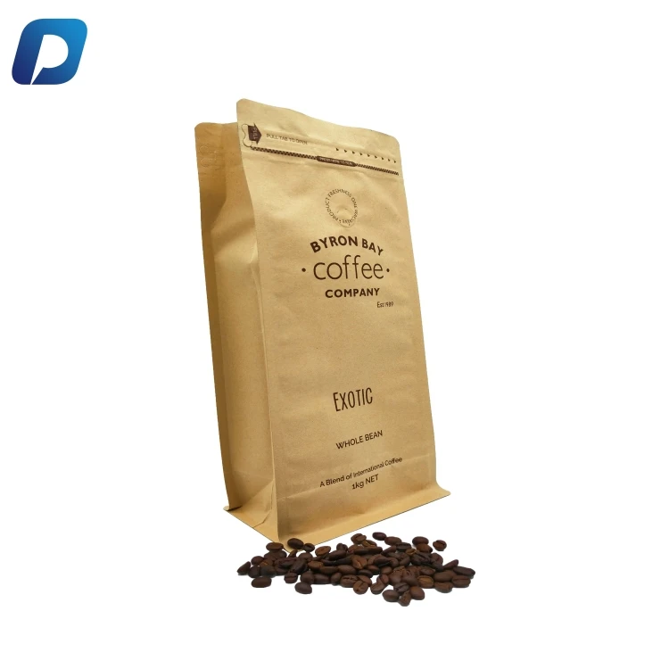 Kraft Paper Stand Up Coffee Bag/Flat Bottom Pouch with Air Release Valve and Reusable Side Zipper
